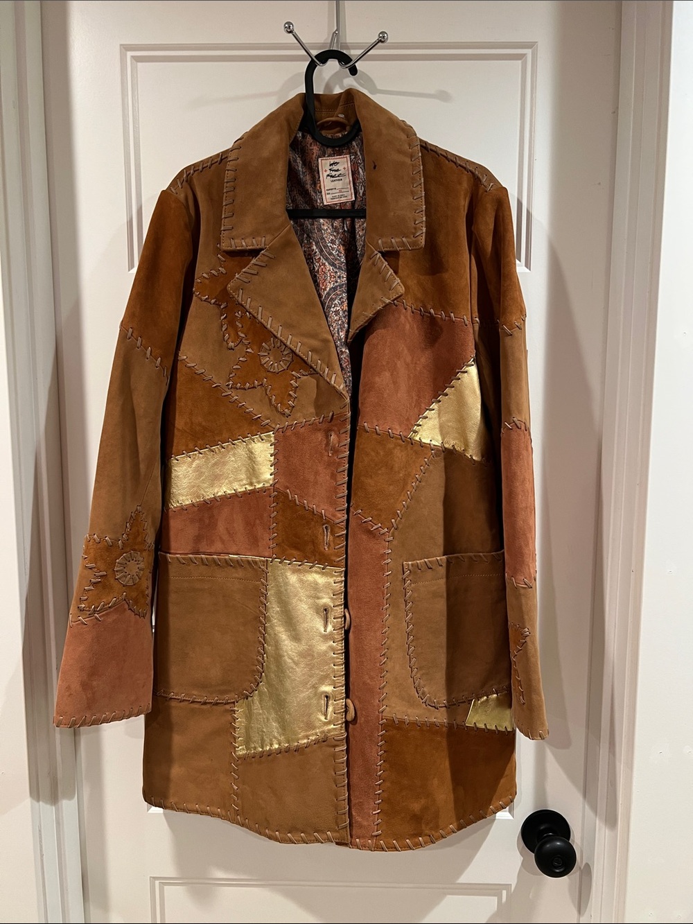 Free People Patchwork Suede Leather Jacket in Brown & Gold